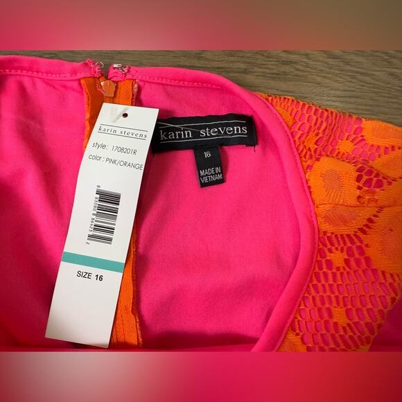 NWT Karin Stevens Sleeveless Pink Shift Dress With Orange Lace Overlay Size 16 - Picture 4 of 8